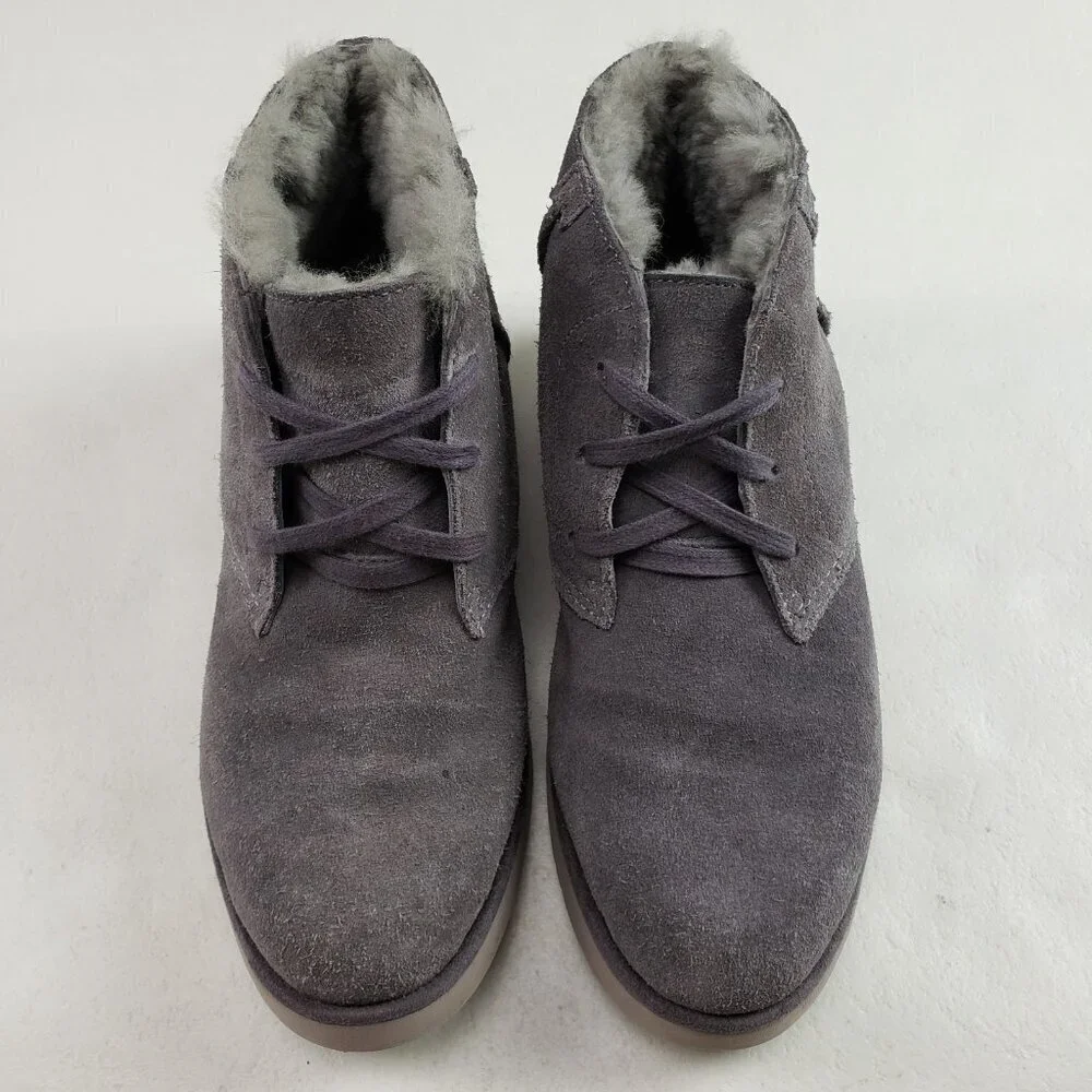 Ugg Koolaburra Suede Ankle Boot Women 8 Gray Faux Fur Lined Lace Up Chukka Wedge